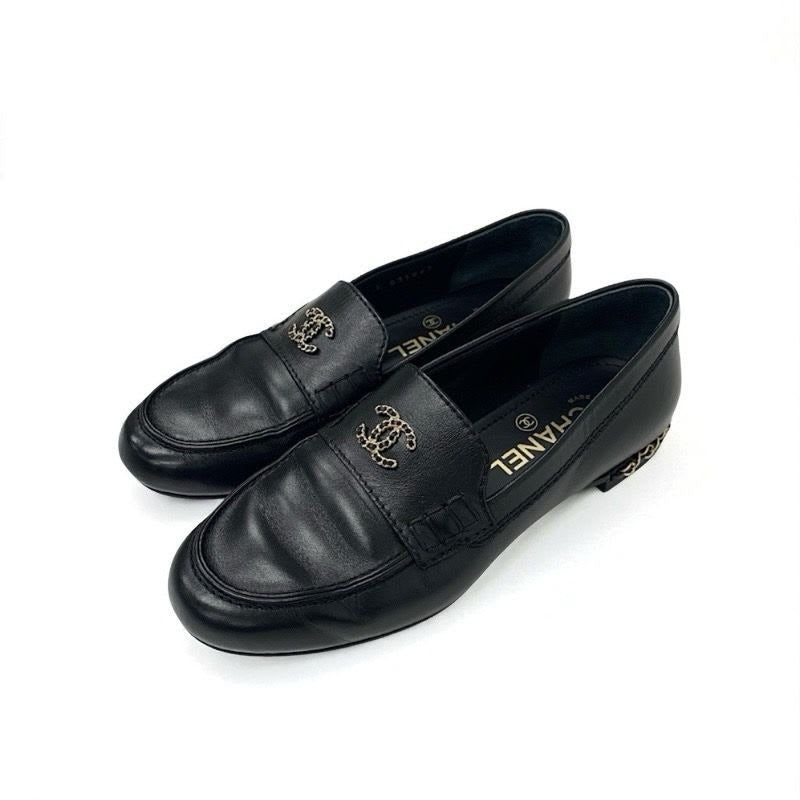 Chanel Loafer Leather Shoes Black Gold Coco Mark Chain Flat