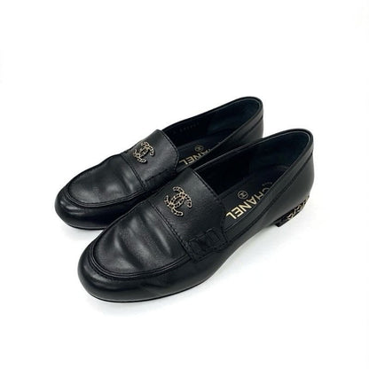 Chanel Loafer Leather Shoes Black Gold Coco Mark Chain Flat