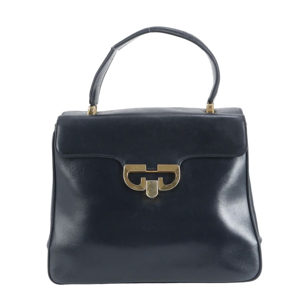 Gucci Vintage Leather Handbag Tote Navy Top Handle