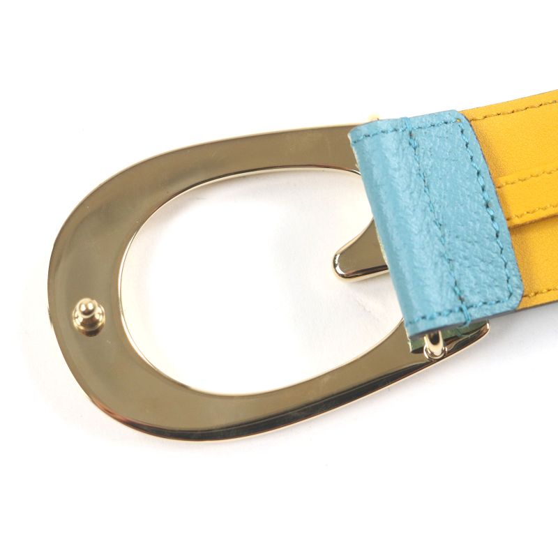  Gucci Memorable Buckle 709954 G Logo Buckle Bicolor Leather Belt Yellow Blue
