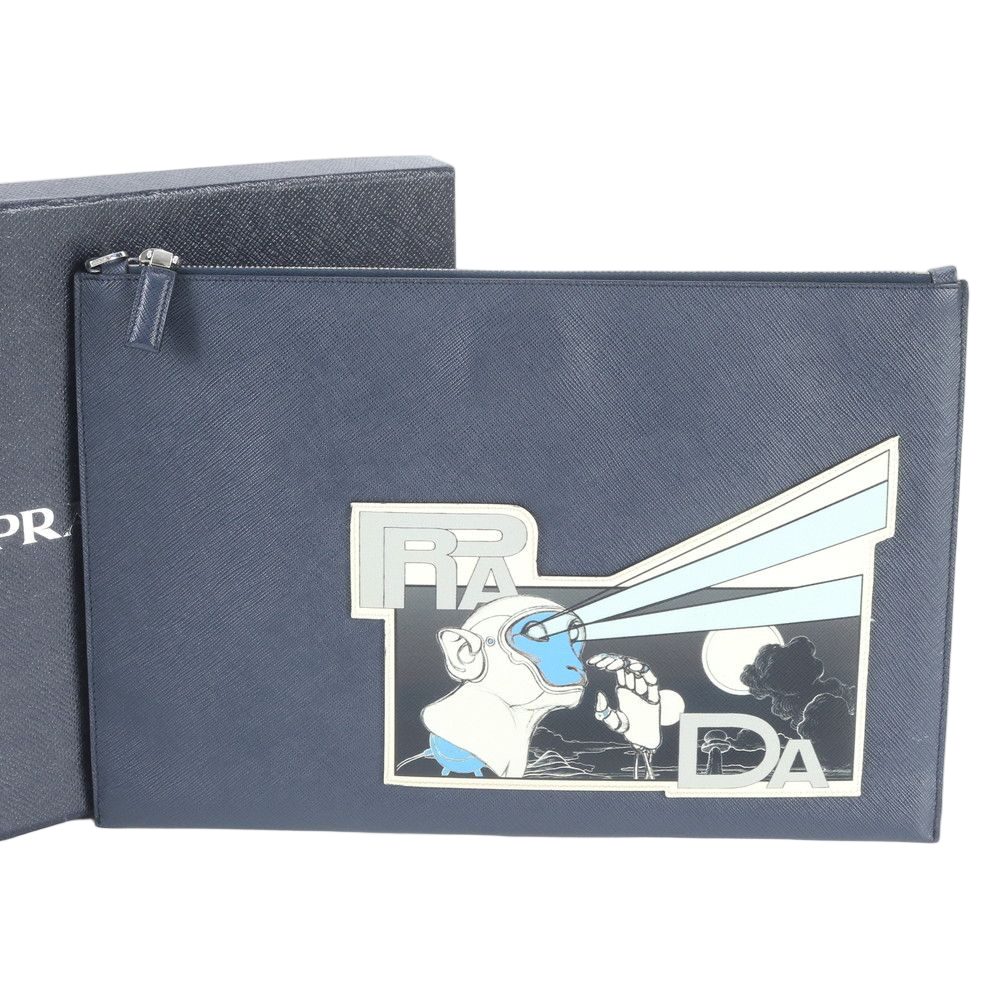Prada Saffiano Leather Monki Robot Triangle Logo Clutch Pouch