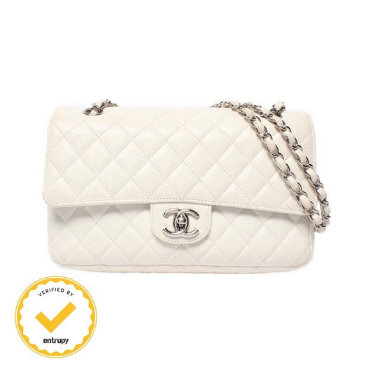 Chanel Shoulder Bag Double Flap Chain Silver Caviar