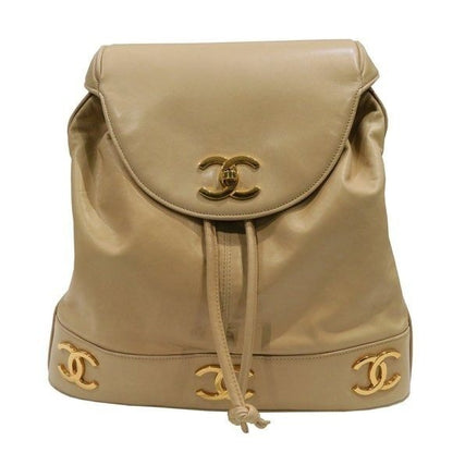 CHANEL CC Vintage Lambskin Beige Gold Backpack Bag Drawstring Chain