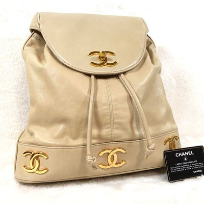 CHANEL CC Vintage Lambskin Beige Gold Backpack Bag Drawstring Chain