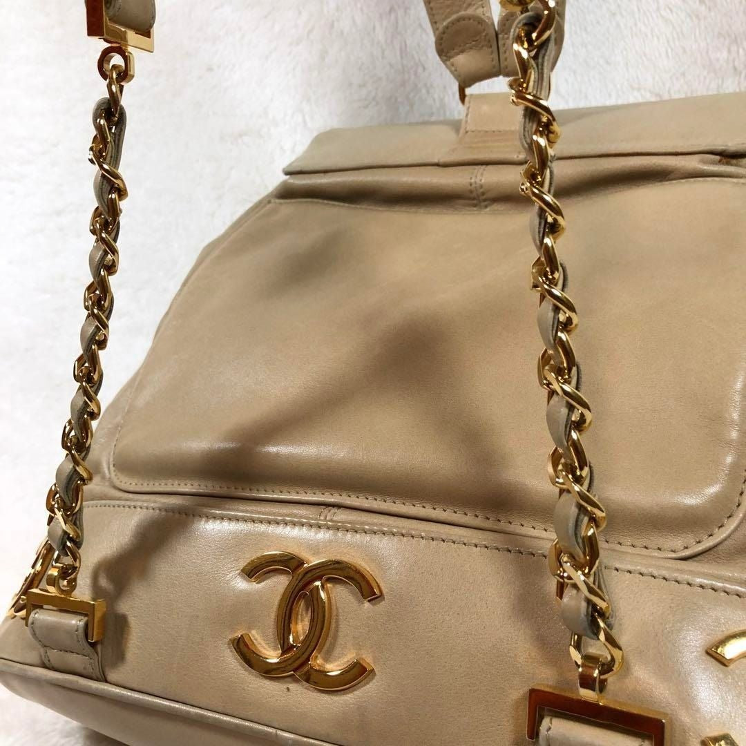 CHANEL CC Vintage Lambskin Beige Gold Backpack Bag Drawstring Chain