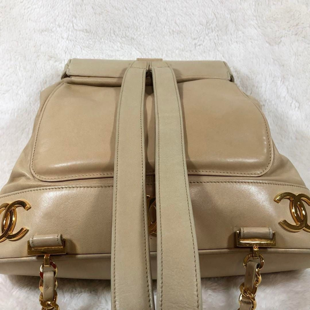 CHANEL CC Vintage Lambskin Beige Gold Backpack Bag Drawstring Chain