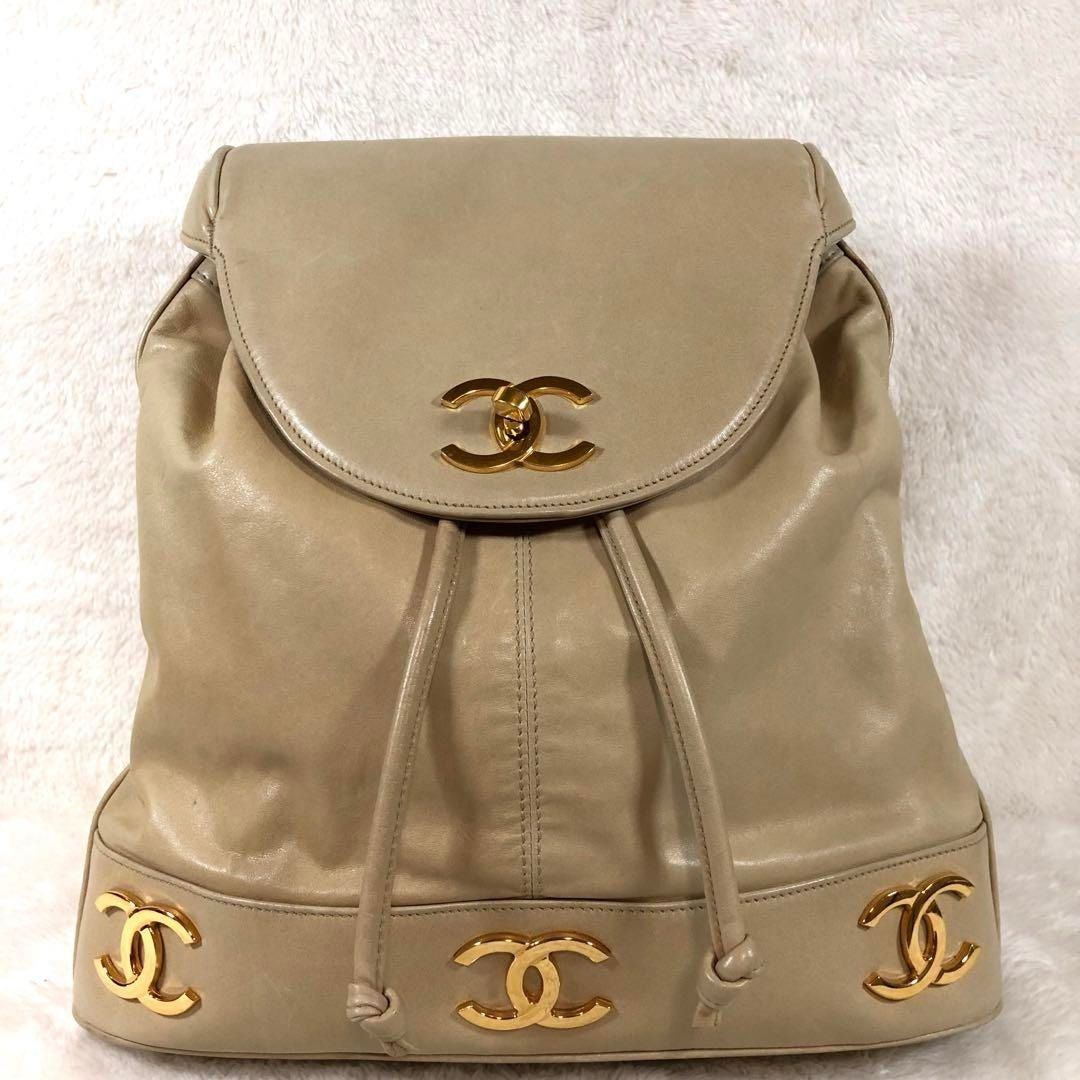 CHANEL CC Vintage Lambskin Beige Gold Backpack Bag Drawstring Chain