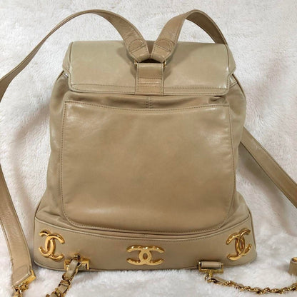 CHANEL CC Vintage Lambskin Beige Gold Backpack Bag Drawstring Chain