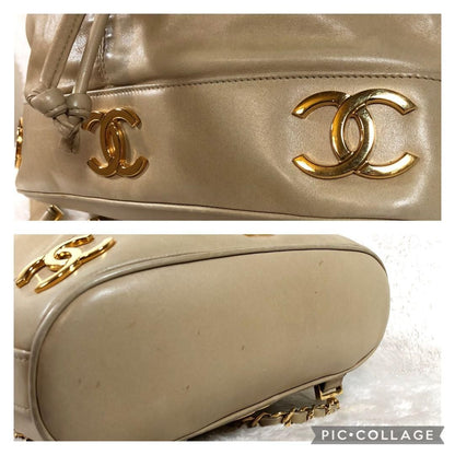 CHANEL CC Vintage Lambskin Beige Gold Backpack Bag Drawstring Chain