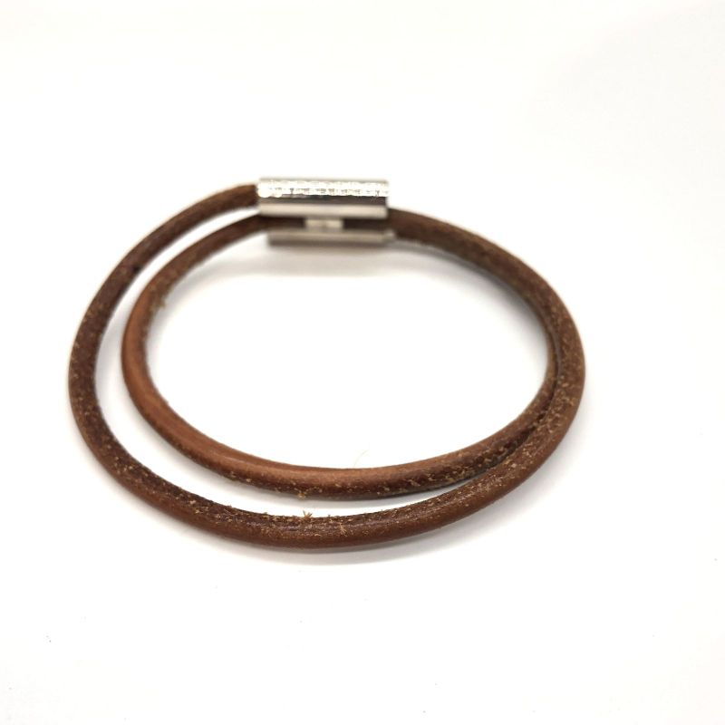 Hermes Bracelet Tourni Leather Brown and Silver Color Used 005090