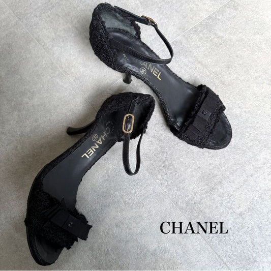 Chanel Tweed Ribbon Sandals Coco Mark Black Chunky Heel Strappy 36 1 2