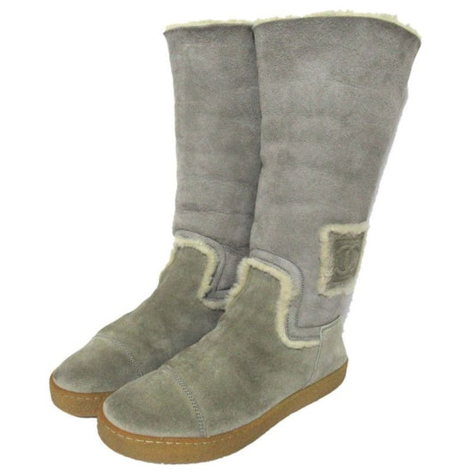 Chanel Sports Coco Mark Shearling Boots Size 36 Gray