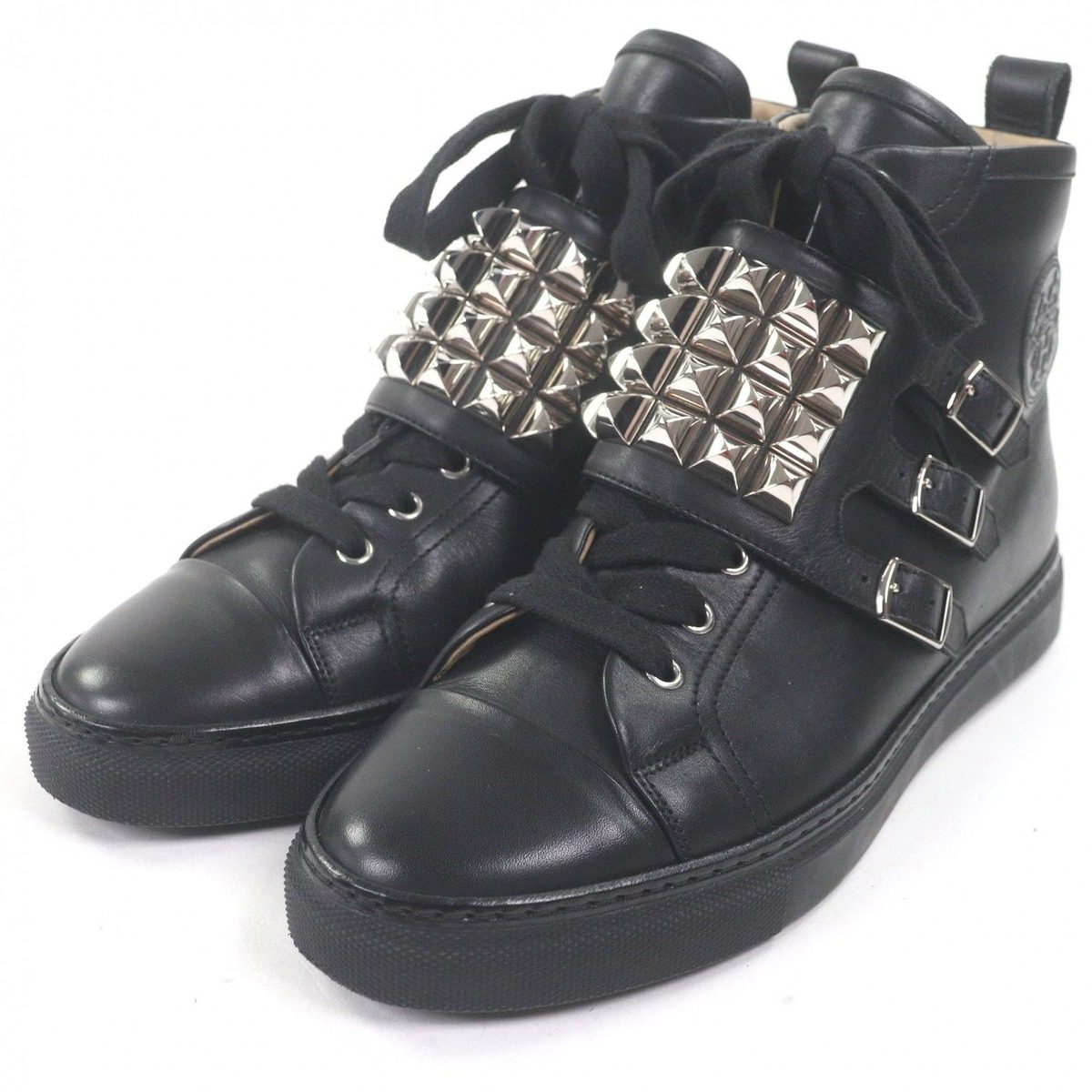 Hermes Lennox Collier de Chien Lace Up High Cut Sneakers Leather Shoes Black 40