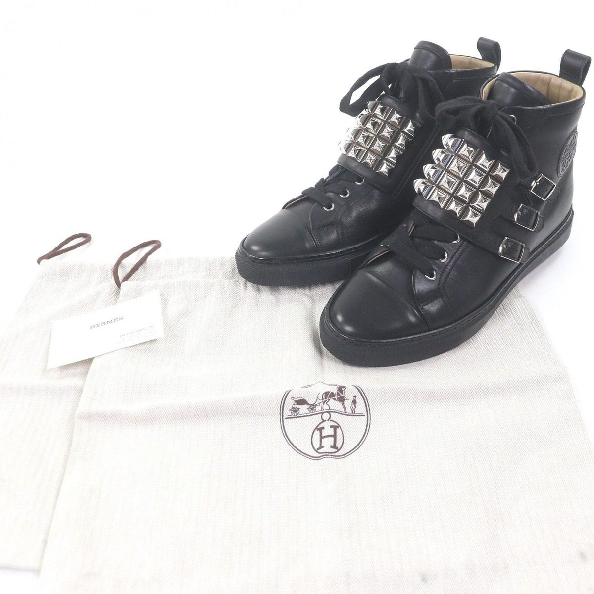 Hermes Lennox Collier de Chien Lace Up High Cut Sneakers Leather Shoes Black 40 — view 2