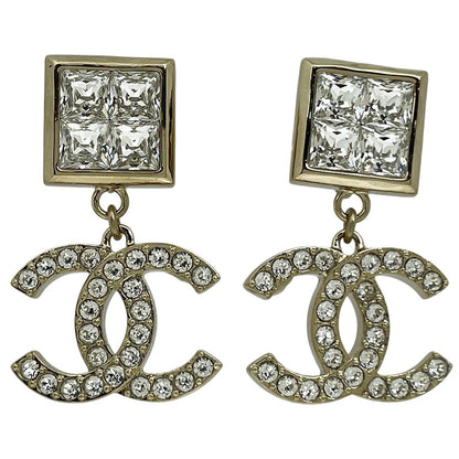 Chanel CC Logo Rhinestone Earrings Swing Gold Plated