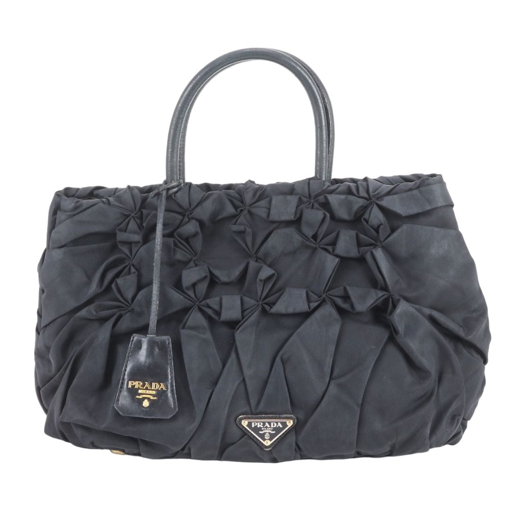 Prada Tessuto Nylon Gathered Triangle Logo Leather Tote Shoulder