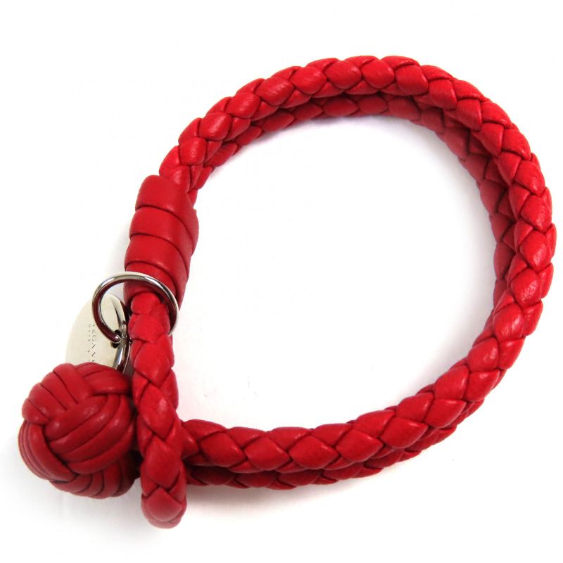 Bottega Veneta Intrecciato Leather Bracelet With Logo Charm Red Silver Hardware