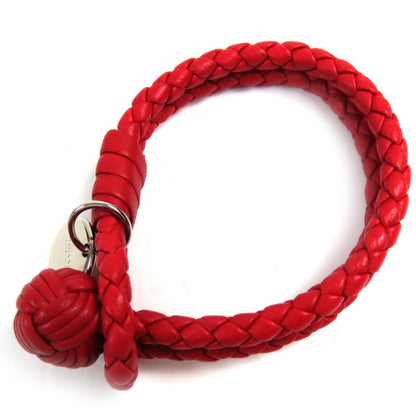 Bottega Veneta Intrecciato Leather Bracelet With Logo Charm Red Silver Hardware