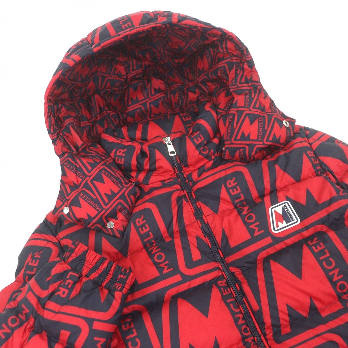 Moncler Frioland Logo Rubber Patch All Over Pattern Hooded Down Jacket Red — view 2