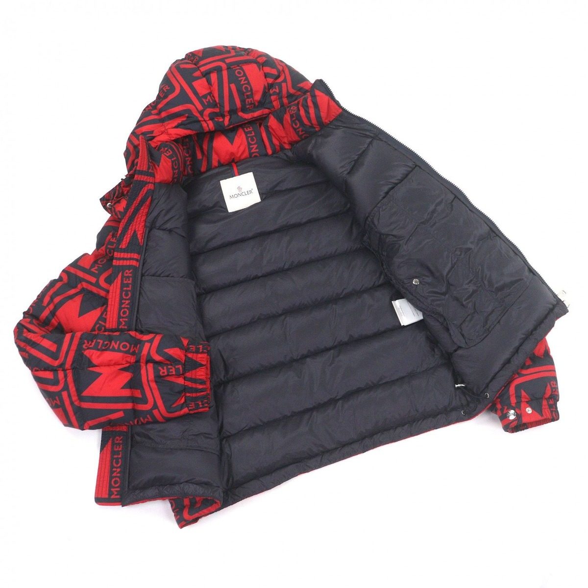 Moncler Frioland Logo Rubber Patch All Over Pattern Hooded Down Jacket Red — view 3