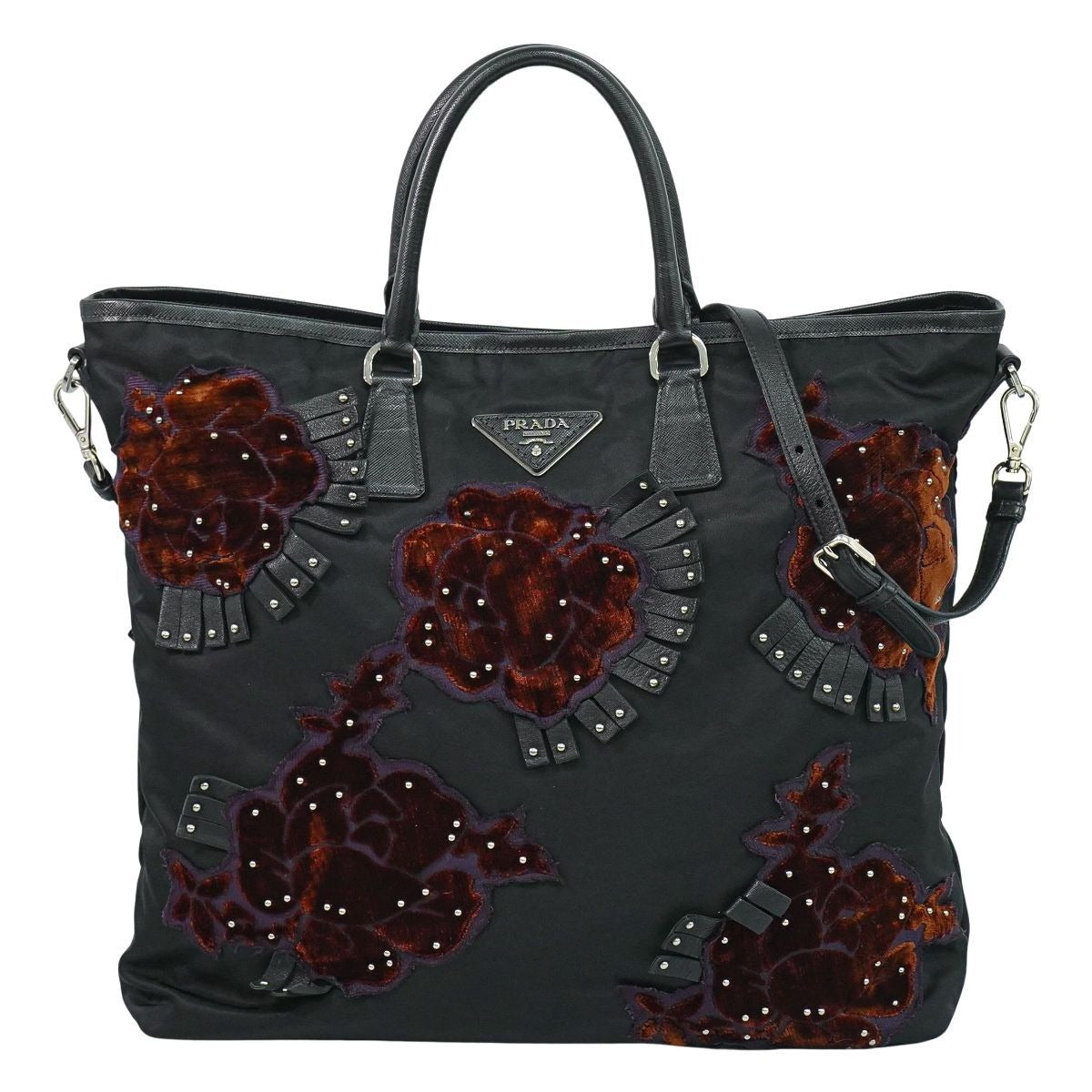 Prada Flower Motif 2-Way Shoulder Bag Tote Nylon Black