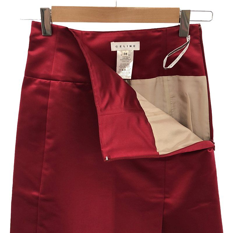 Celine - Silk-blend Satin Side Slit Tight Skirt - 34 - Red - Women