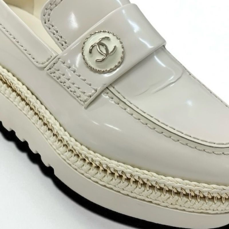 Chanel Loafer Leather Shoes Patent Leather White Gold Here Mark Thick Sole