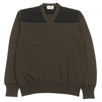 Hermes 100% Wool V-neck Bicolor Shoulder Border Pattern Knit Sweater Khaki