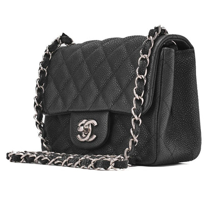 Chanel Shoulder Bag Mini Matelasse Caviar Skin Black Single Flap Turnlock