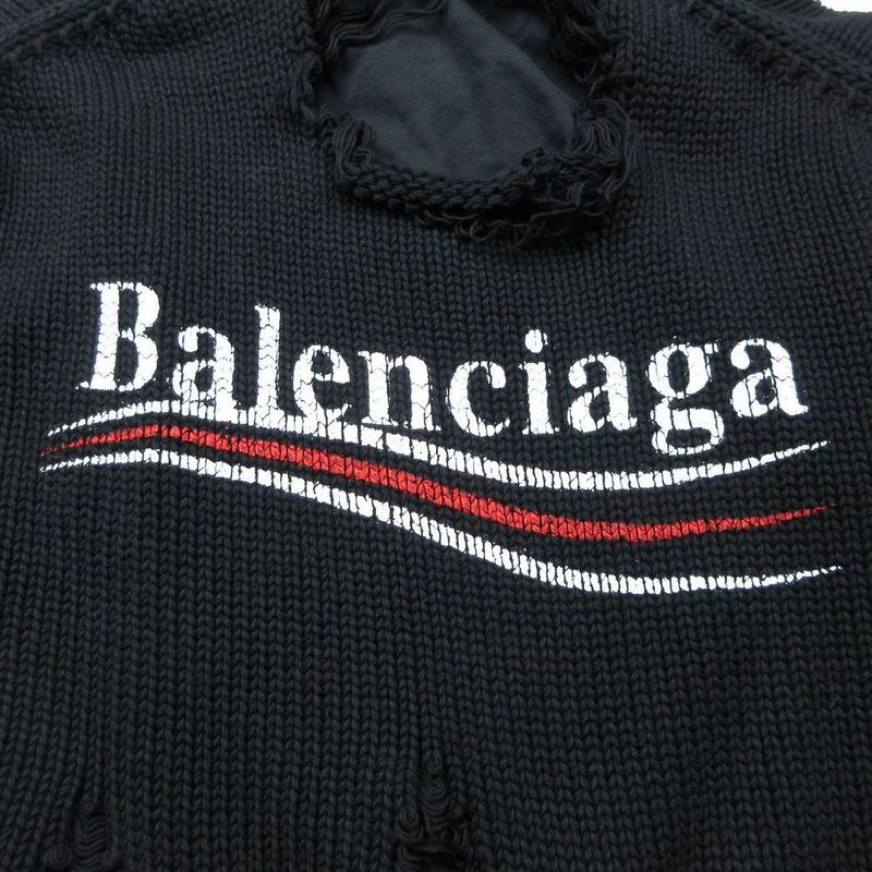 21aw Balenciaga 662718 T3212 Destroyed Knit Hoodie Black Campaign Logo XS