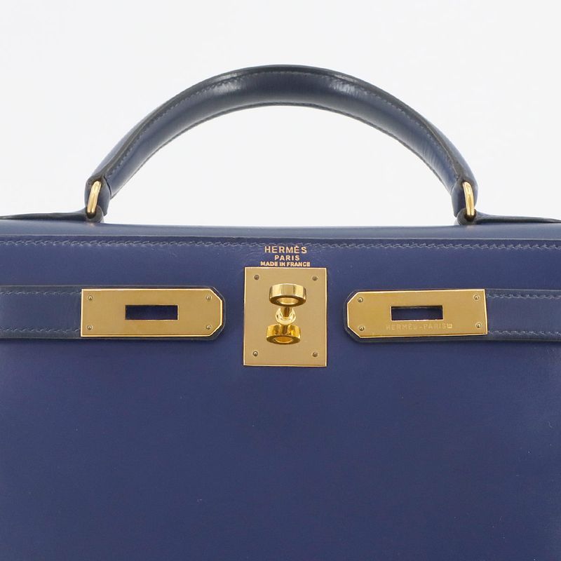 Hermes Kelly 28 Box Calf Blue 2-way Hand Shoulder Bag ?V Stamped 1992 Outer