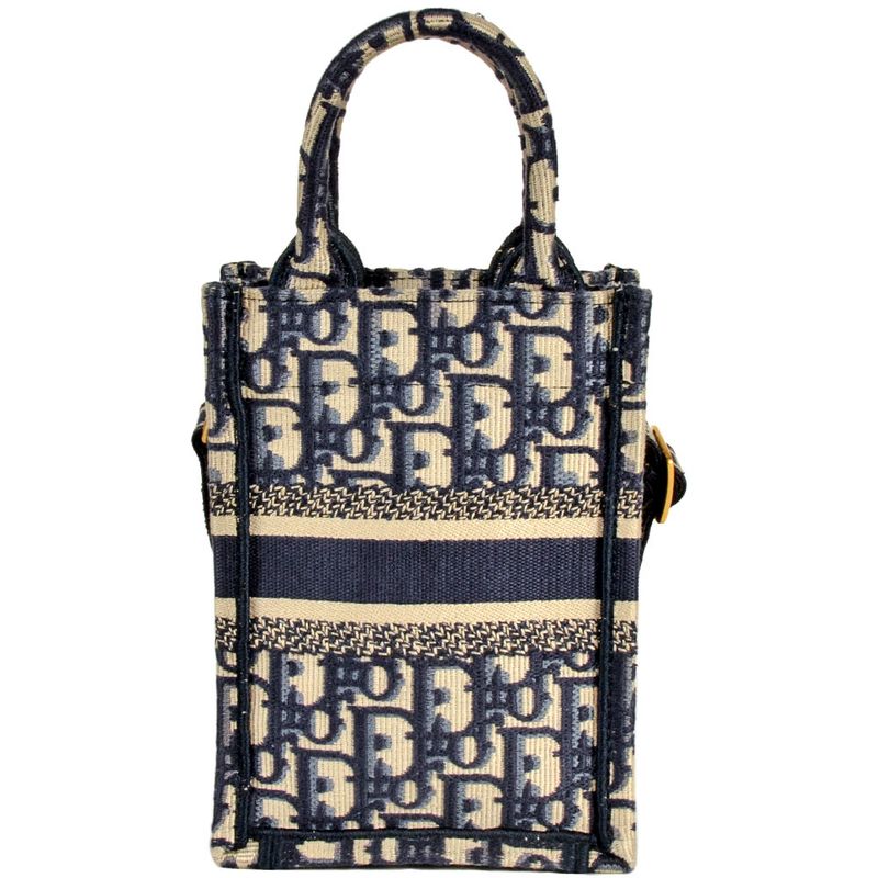 Dior Book Tote Mini Vertical Handbag 2WAY Canvas Blue With Shoulder Strap