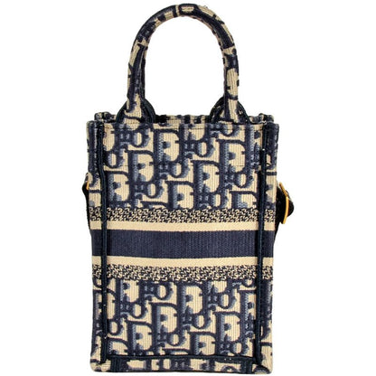 Dior Book Tote Mini Vertical Handbag 2WAY Canvas Blue With Shoulder Strap