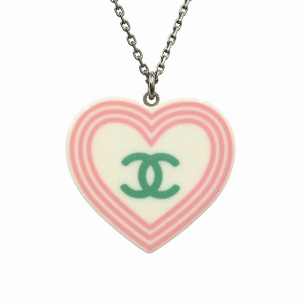 Chanel Heart CC Logo Necklace Vintage Silver White