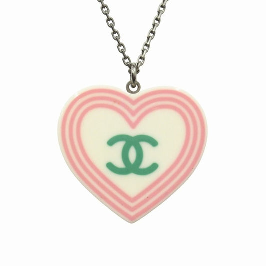Chanel Heart CC Logo Necklace Vintage Silver White