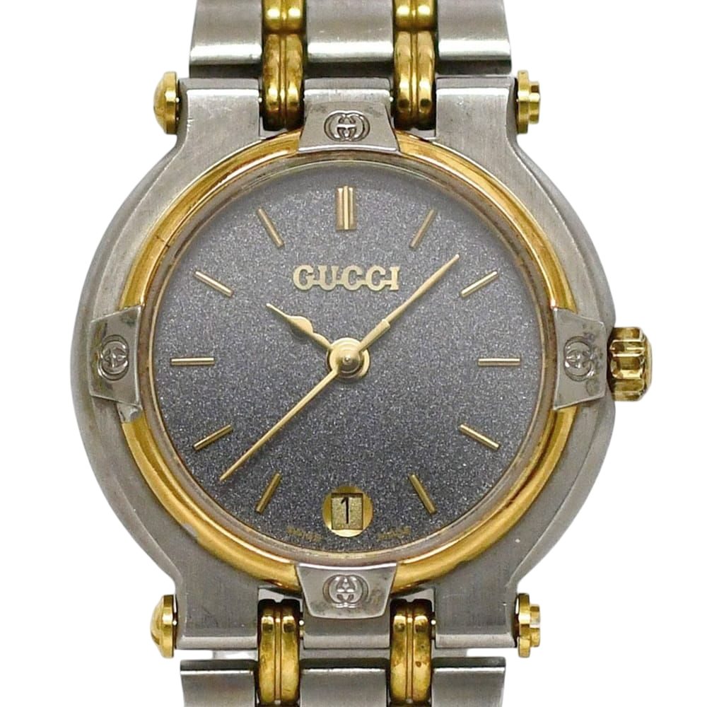Gucci Watch SS Gray Silver Gold Quartz Date