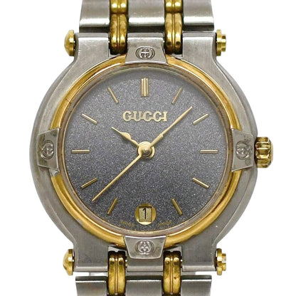 Gucci Watch SS Gray Silver Gold Quartz Date