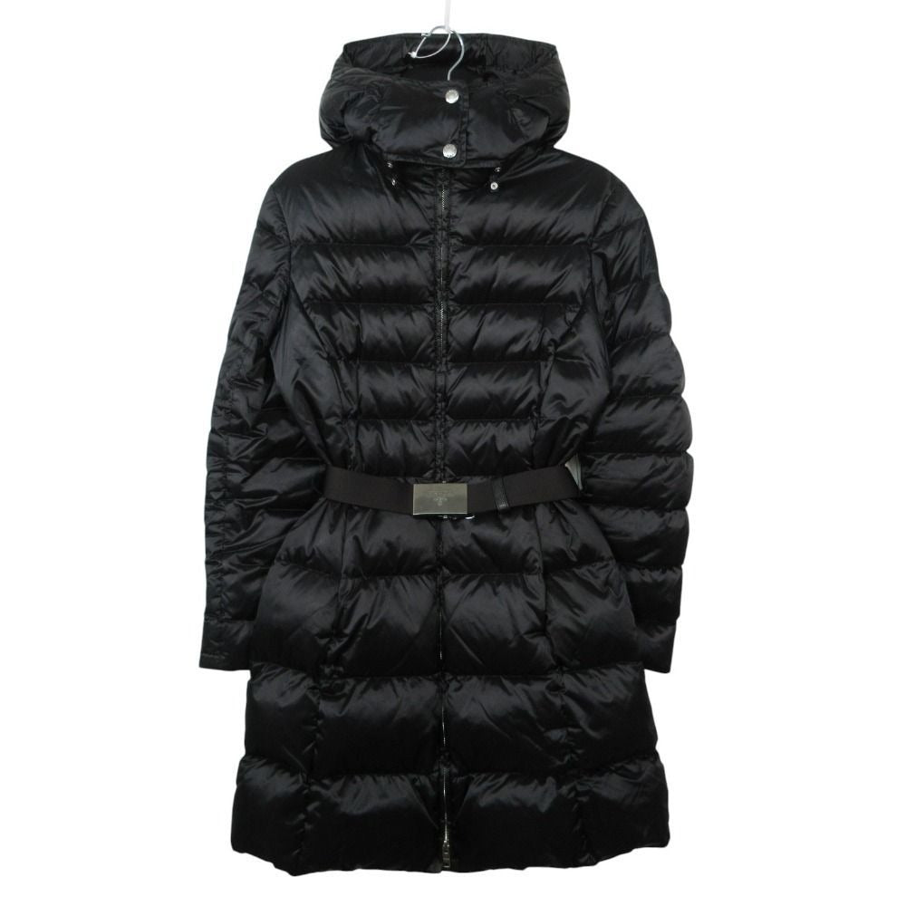 Prada Down Coat with Emblem Logo Belt Black 36