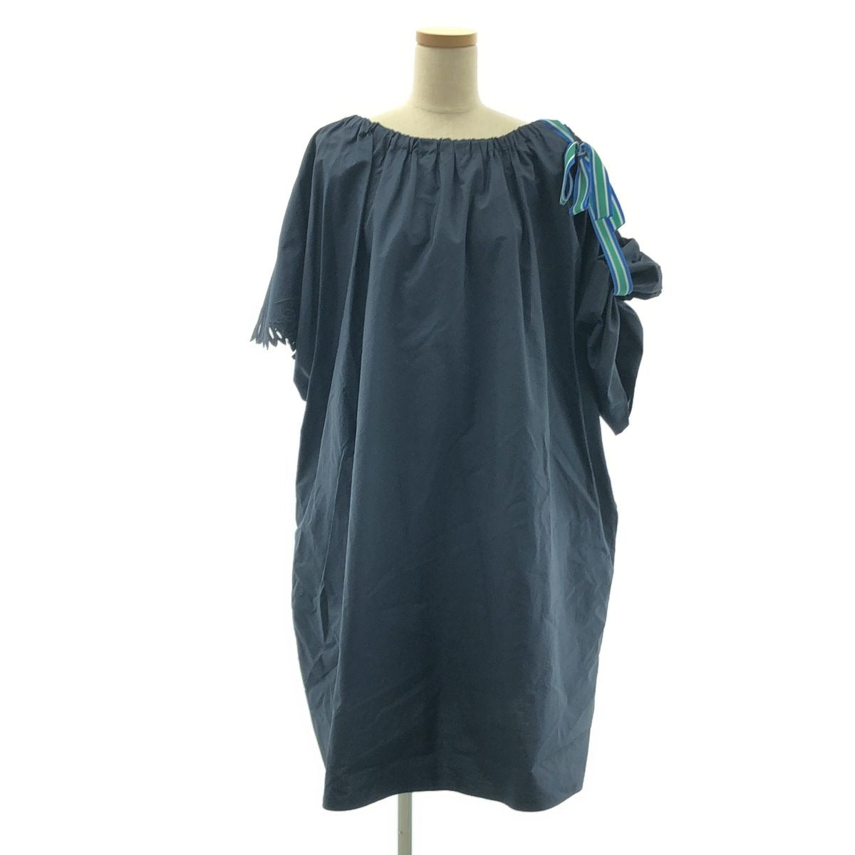 Fendi Asymmetric Poplin Ribbon Dress 38 Navy