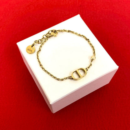 Dior CD Logo Faux Pearl Chain Bracelet Gold