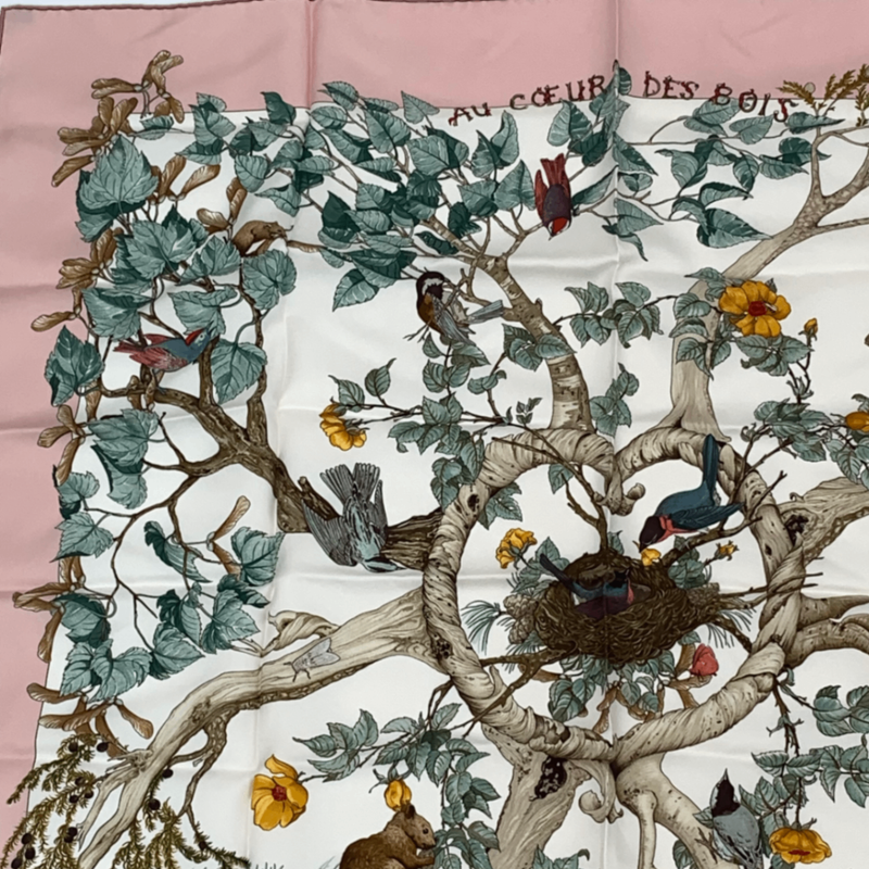 Hermes Carre 90 U Coeur DES BOIS In The Woods Pink 100% Silk Scarf