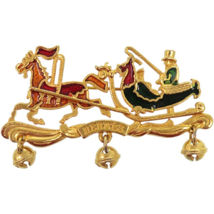 Hermes Christmas Reindeer Santa Cloisonne Metal Gold Brooch Red