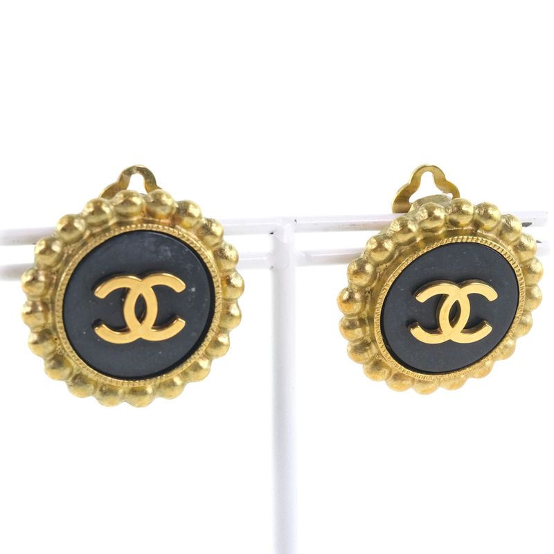 Chanel Coco Mark Vintage Gold Plated Black 95P Ladies 27.0g Earring
