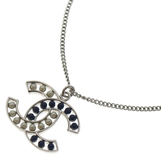 Chanel CC Logo Pearl Pendant Necklace Chain Silver White Navy