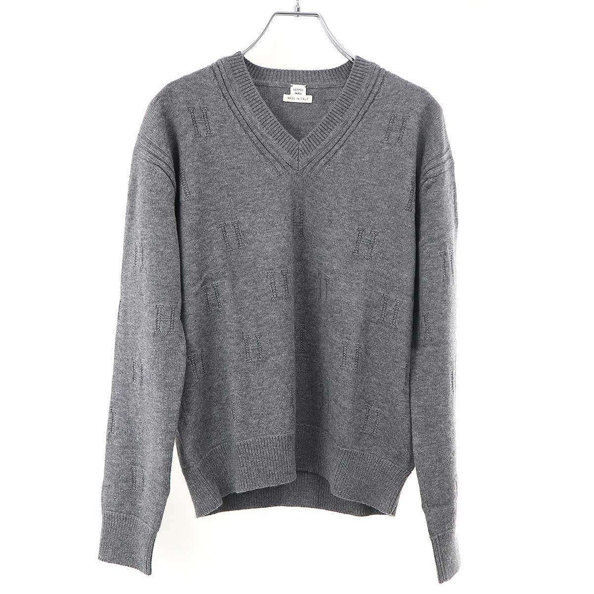 Hermes H Logo Jacquard V-neck Knit Sweater Gray 34