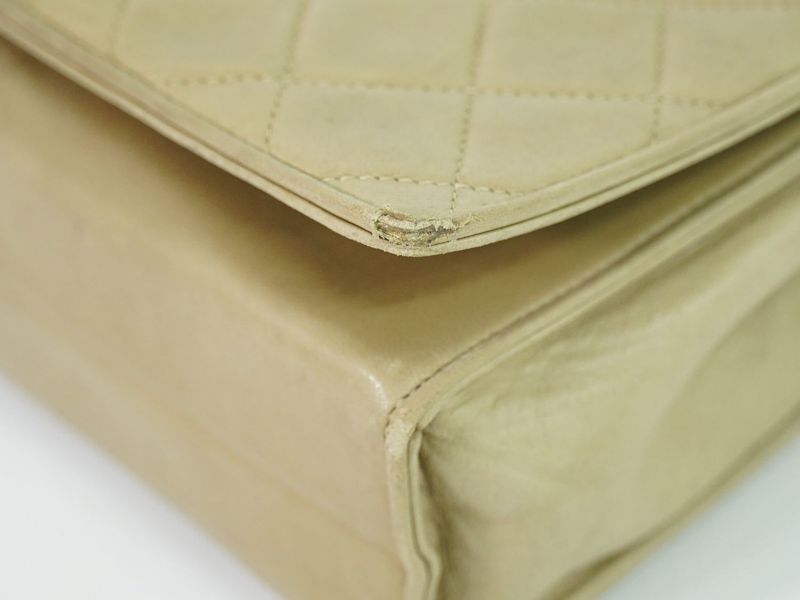 Authentic Chanel Matelasse Coco Mark Chain Shoulder Bag Lambskin Leather Beige