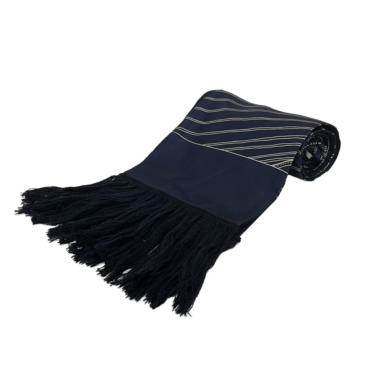 Hermes Scarf Navy Dark White Fringe Cashmere Silk