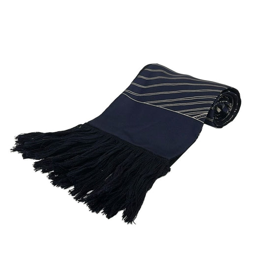 Hermes Scarf Navy Dark White Fringe Cashmere Silk