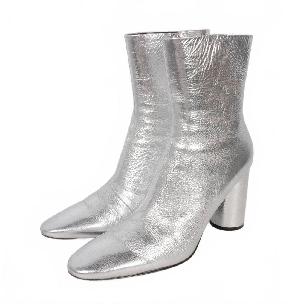 Balenciaga Side Zip Leather Short Boots Chunky Heel 37 Silver