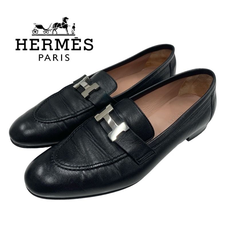 Hermes Paris Loafers Shoes Leather Black Silver Moccasins Flat Shoes Hhardware
